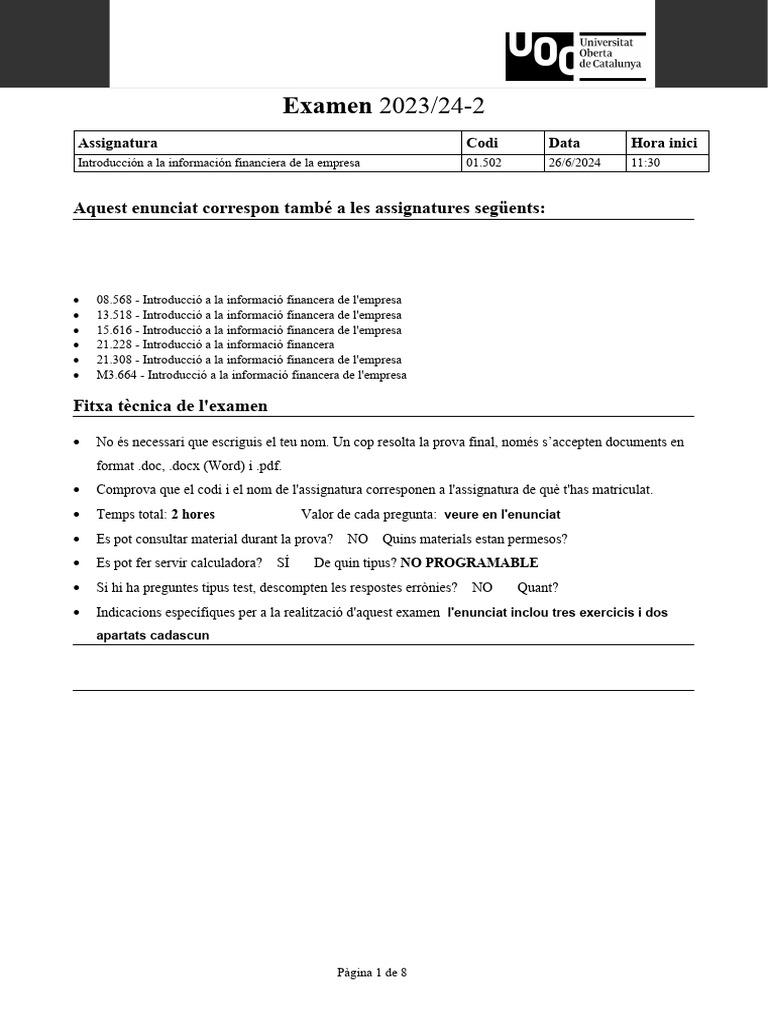 Examen 2023/24-2: Aquest Enunciat Correspon També A Les Assignatures ...