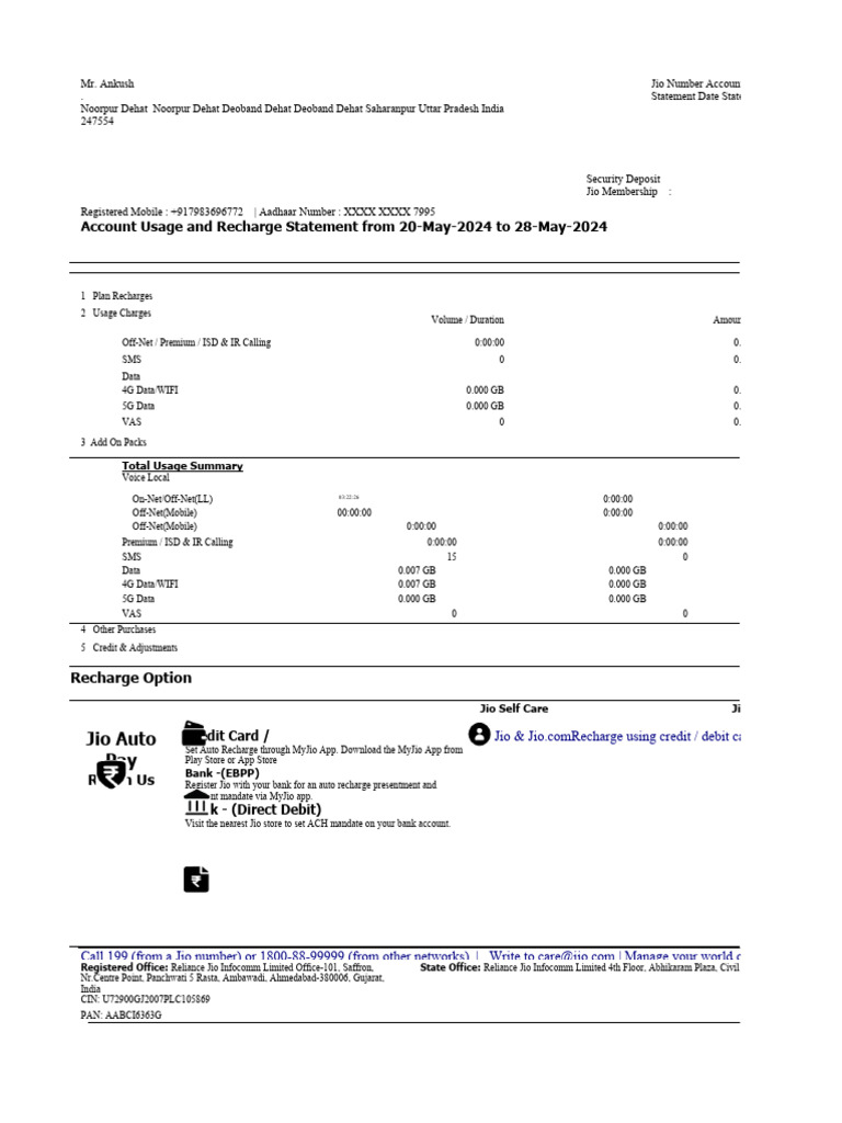 Jio Account Usage Statement May 2024 | PDF | Credit Card | Banks