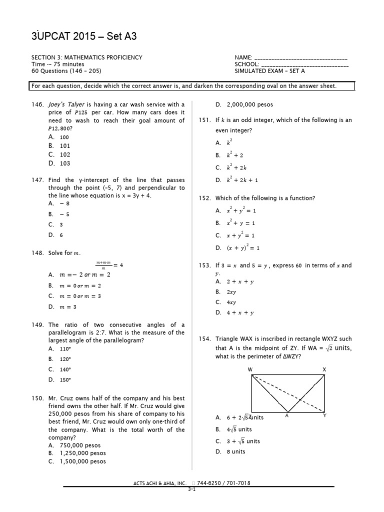  a 3 upcat 2015 simulated exam set a section 3 mathematics
