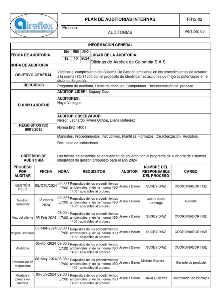 Anexo 5. Plan de Auditoria 2024 Ambienta ISO 14001 | PDF | Auditoría ...