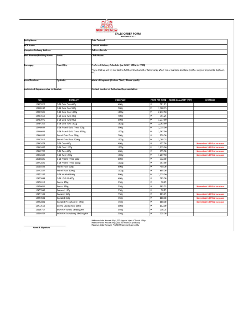 1201 Nurture Now - Order Form - As of November 9 | PDF | Business ...