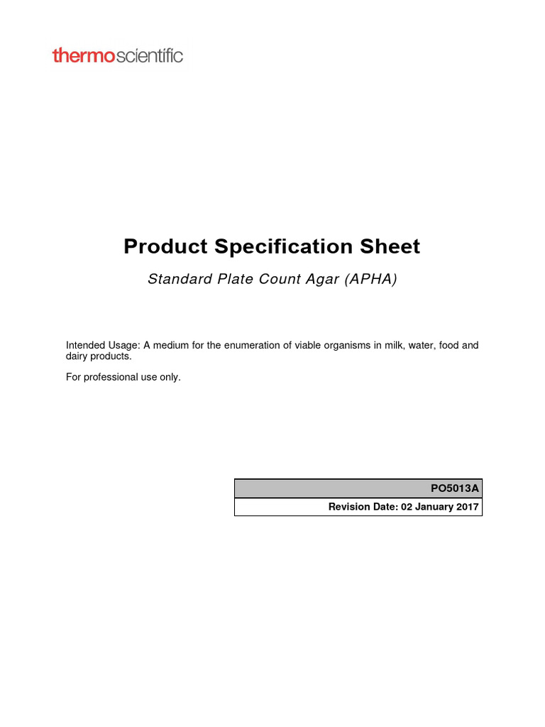 Standard Plate Count Agar Specifications | PDF | Agar | Biology