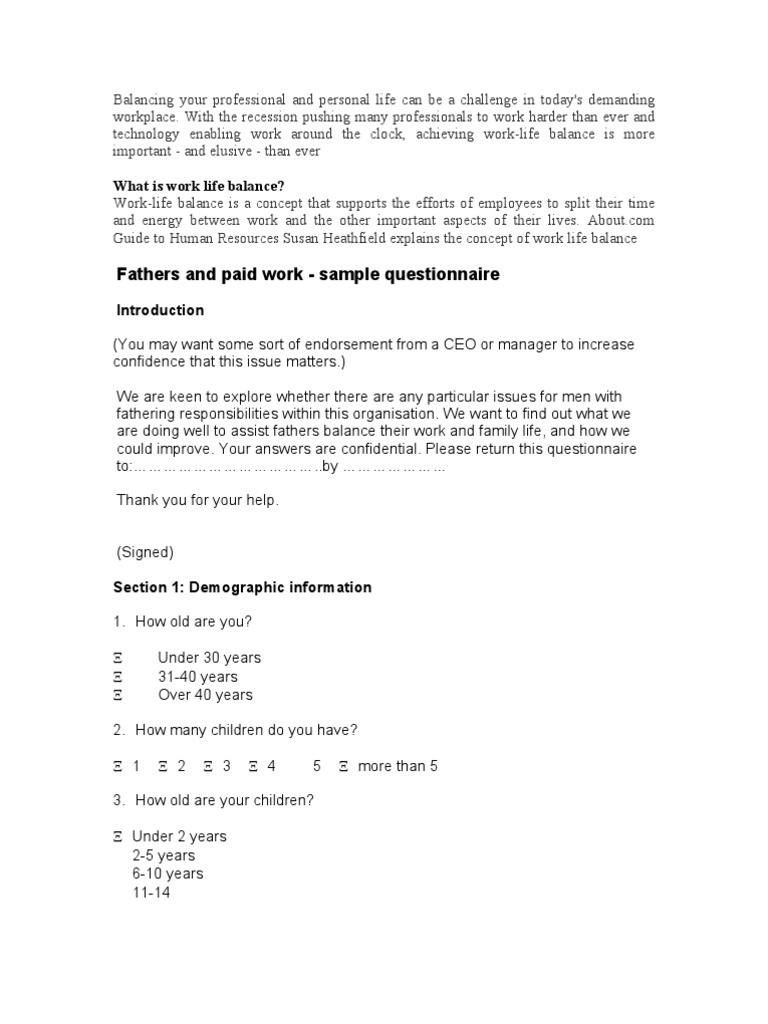 Fathers and Paid Work - Sample Questionnaire: What Is Work Life Balance ...