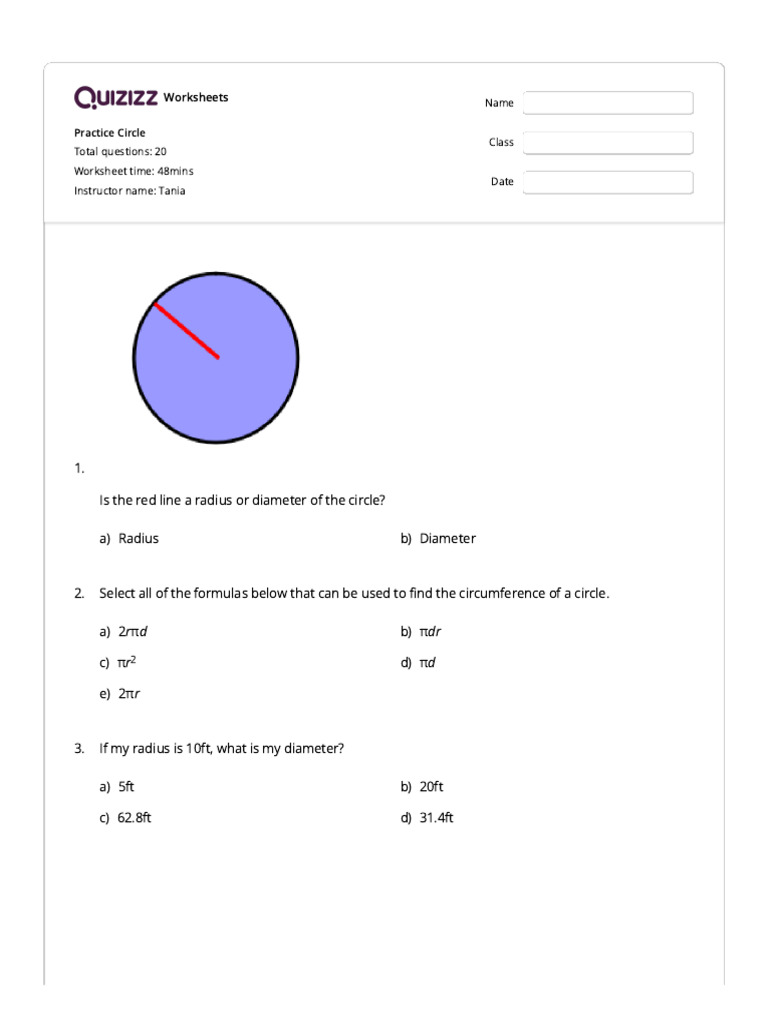 Practice circle quizizz pdf circle diameter