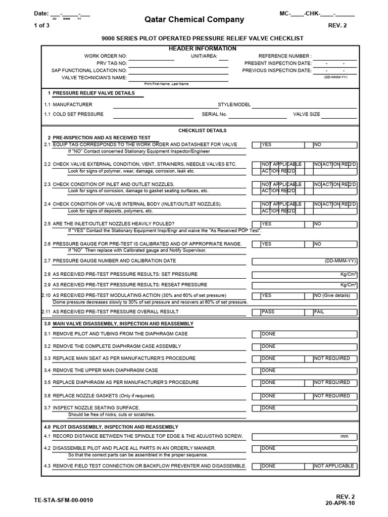 9000 Series Pressure Relief Valve Checklist | PDF | Valve | Leak