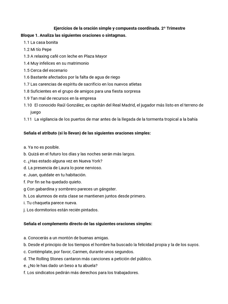 Ejercicios de Oraciones Simples y Compuestas | PDF | Oración ...