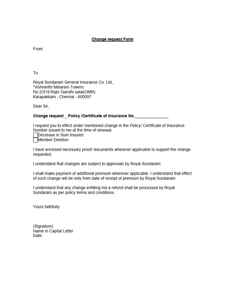 Royal Sundaram Change Request Form | PDF | Mental Disorder | Insurance