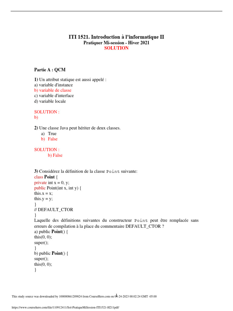 Solutions QCM et Programmation Java | PDF | Java (Langage de ...