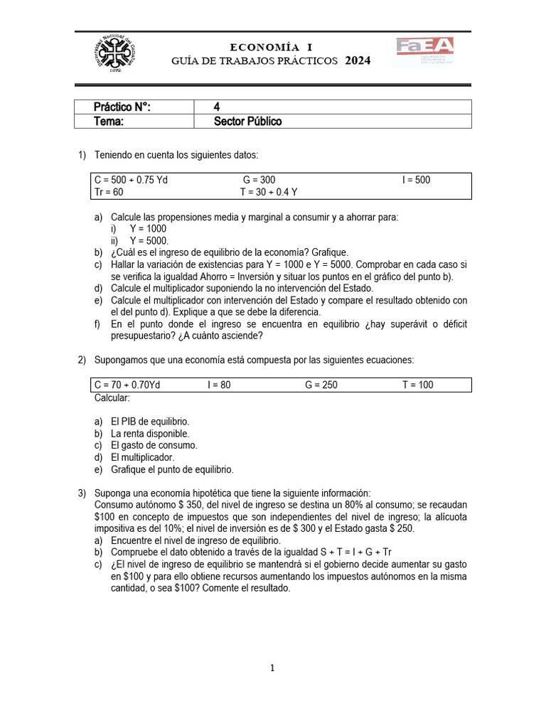 Guía de Trabajos Prácticos Economía I 2024 | PDF | Impuestos | Balance ...