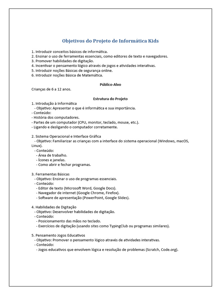 Objetivos Do Projeto de Informática Kids | PDF | Sistema operacional ...