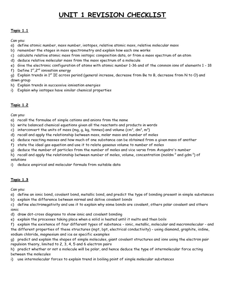 As Chem Revision Checklist Pdf Chemical Reactions Reaction Rate