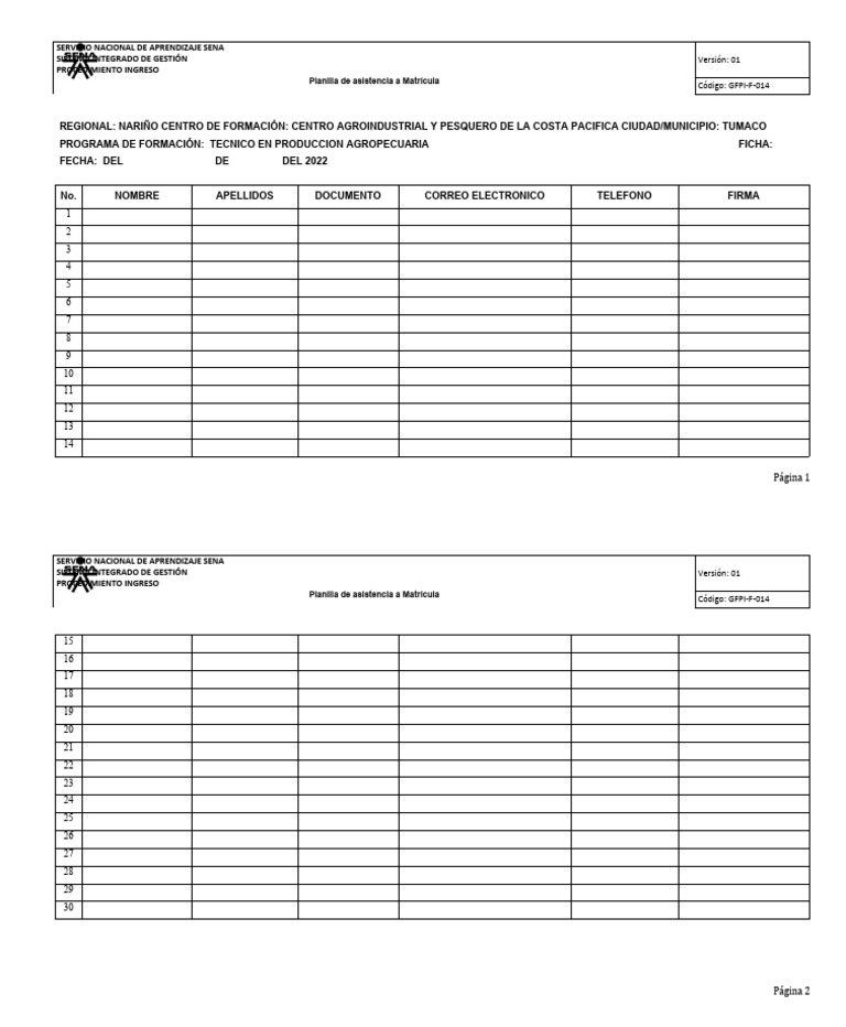 GFPI-F-014 Formato Planilla de Asistencia A Matricula | PDF