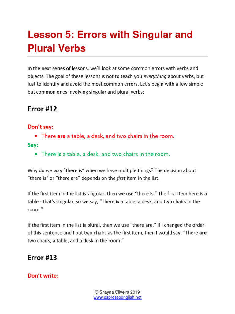 5 Errors With Singular And Plural Verbs Pdf Grammatical Number