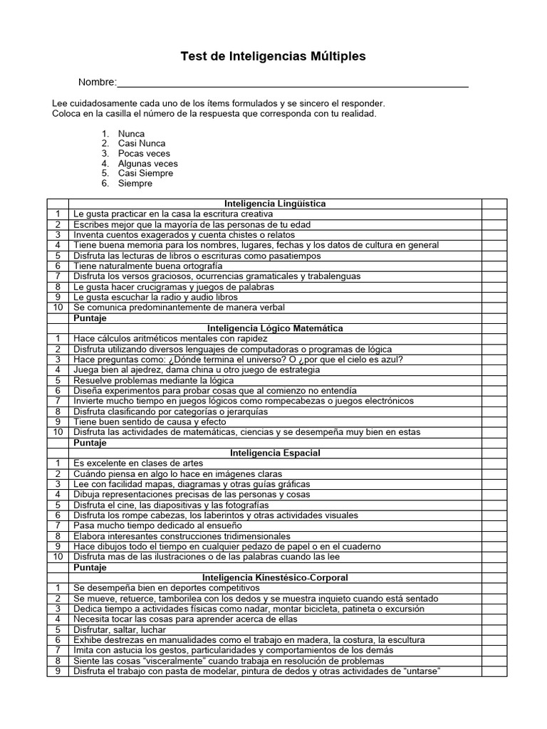 Test de Inteligencias Múltiples: Evaluación | PDF | Inteligencia ...
