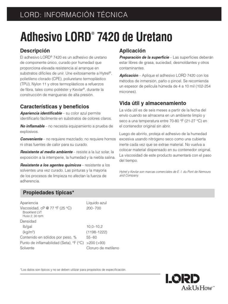 Datasheet LORD 7420 Urethane Adhesive (Mexican Spanish) DS3436MS