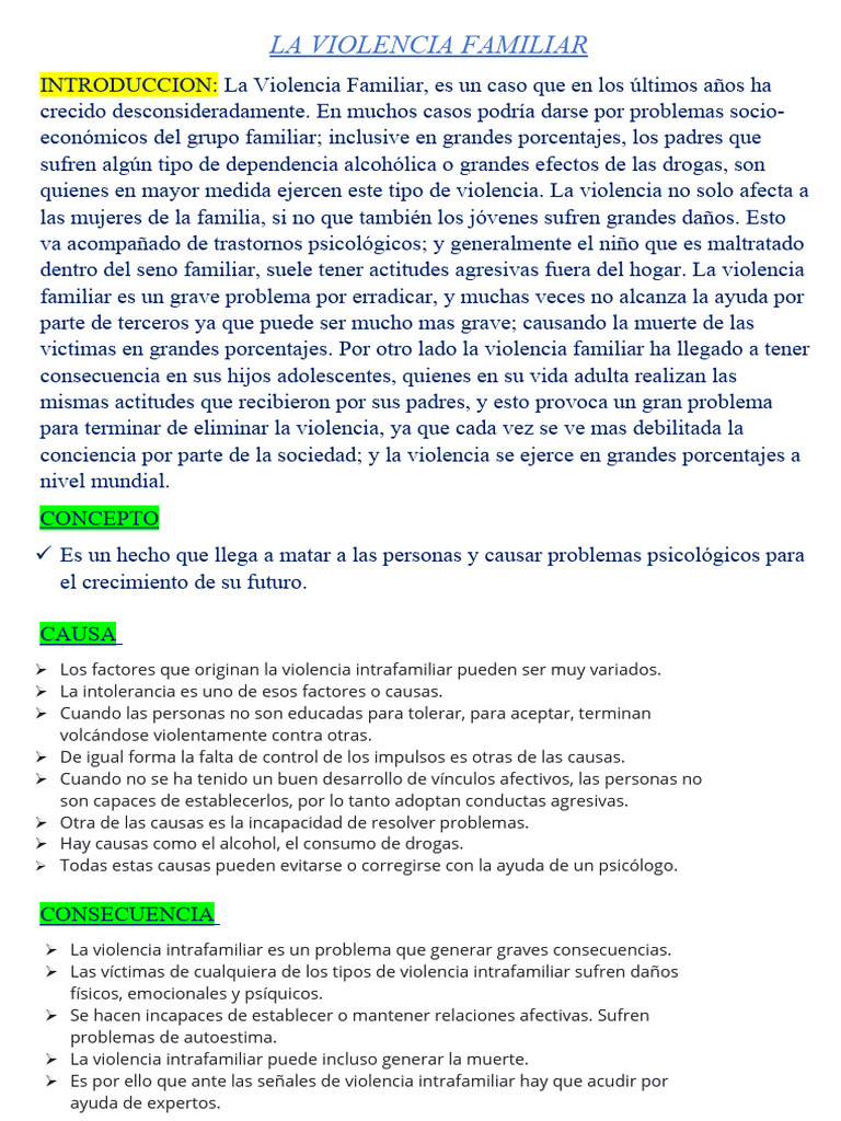 Causas y Consecuencias de la Violencia Familiar | PDF | Violencia ...