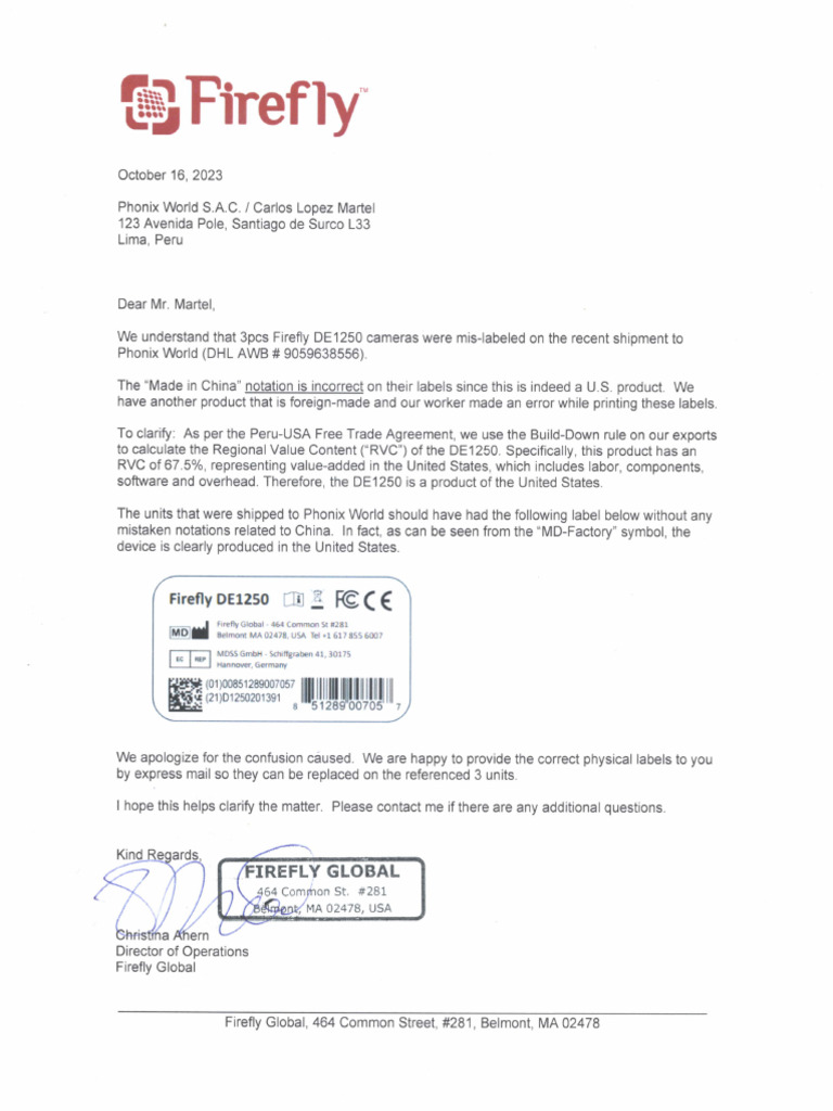 Firefly DE1250 Label Correction Notice | PDF