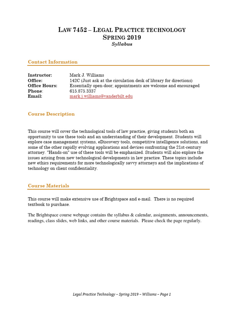 MarkWilliamsVanderBiltLPT 7452 Spring 2019 Syllabus | PDF | Lawyer