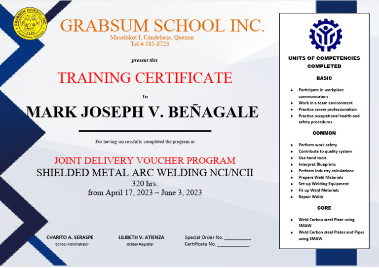 SMAW Welding Training Certificate | PDF | Welding | Construction