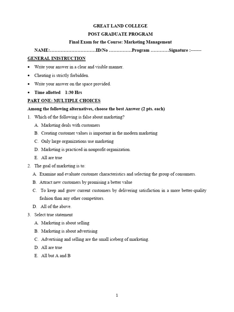 Marketing Management Exam Questions | PDF | Marketing | Prices
