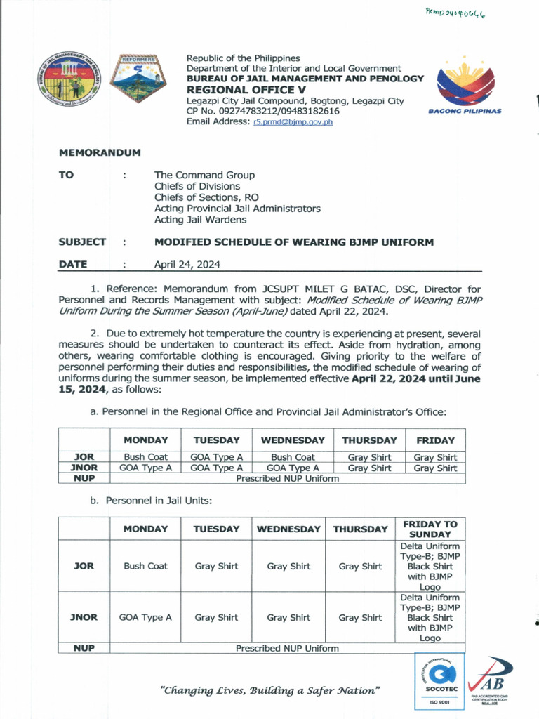 Schedule Of Wearing Uniform