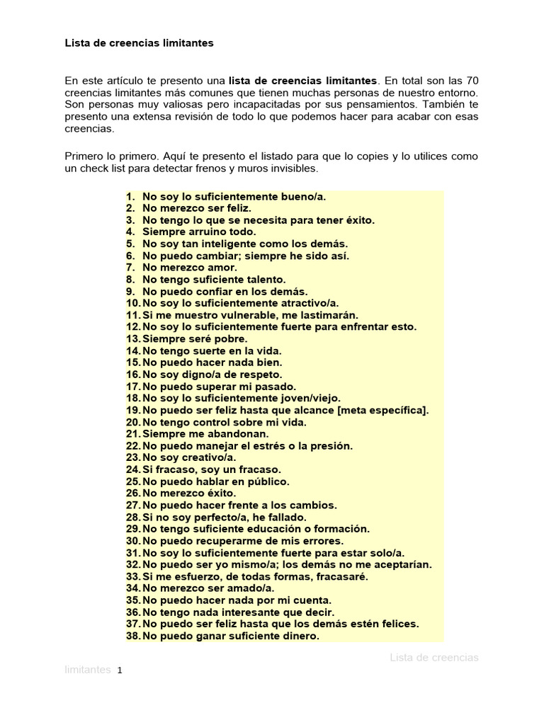 70 Creencias Limitantes Comunes | PDF | Mente | Autoestima
