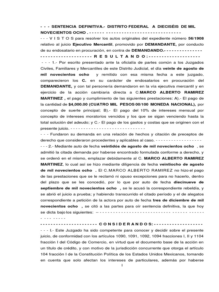 Sentencia Juicio Ejecutivo Mercantil | PDF | Instrumento negociable