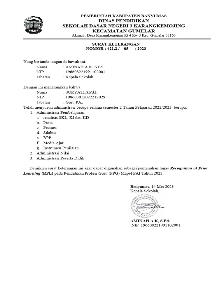 Surat Keterangan RPL PPG PAI 2023 | PDF