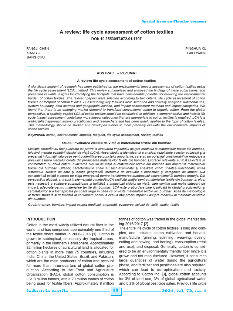 A Review - LCA of Cotton Textiles | PDF | Life Cycle Assessment | Cotton