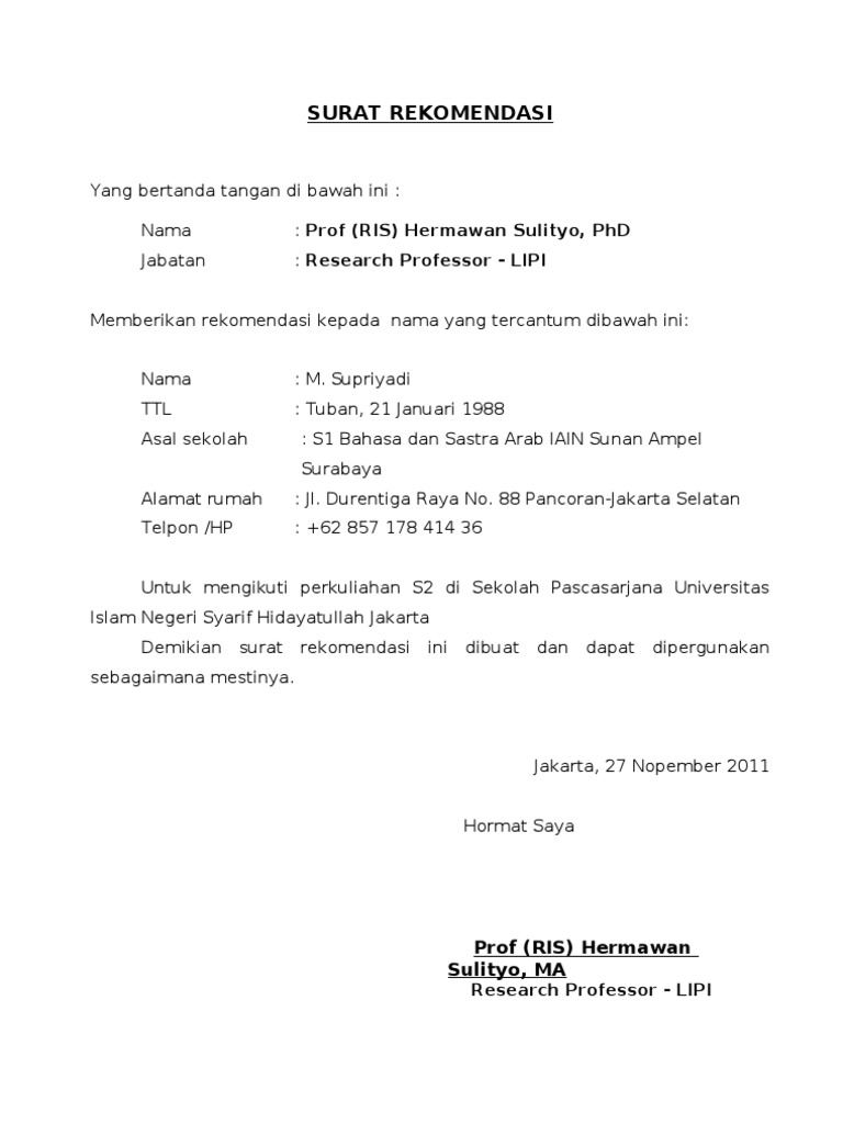 Surat Rekomendasi Kuliah S2 UIN Jakarta | PDF