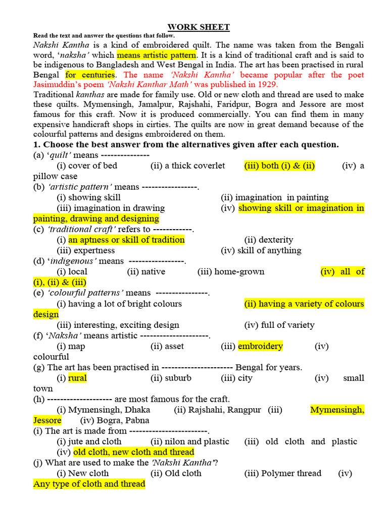 Work Sheet (Class 8) (13-01-2021) | PDF | Blanket | Needlework