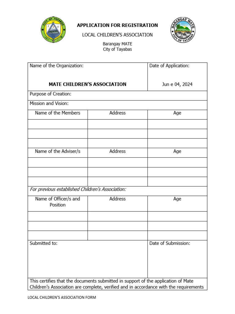 Registration Application for Mate Children's Association | PDF