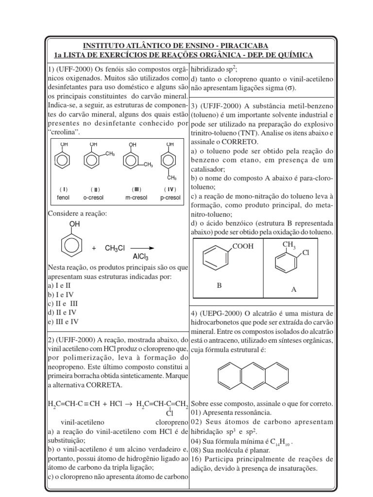 Listas de Exercícios de Reações Orgânicas - 1-1 | PDF | Benzeno | Ácido
