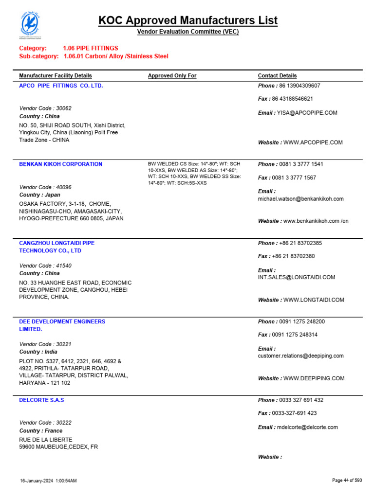 Fittings - Approved Manufacturers List - On 18-Jan-24 | PDF | Pipe ...