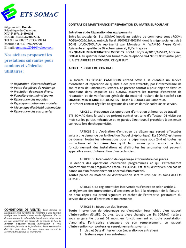 Contrat de Maintenance et Réparation | PDF