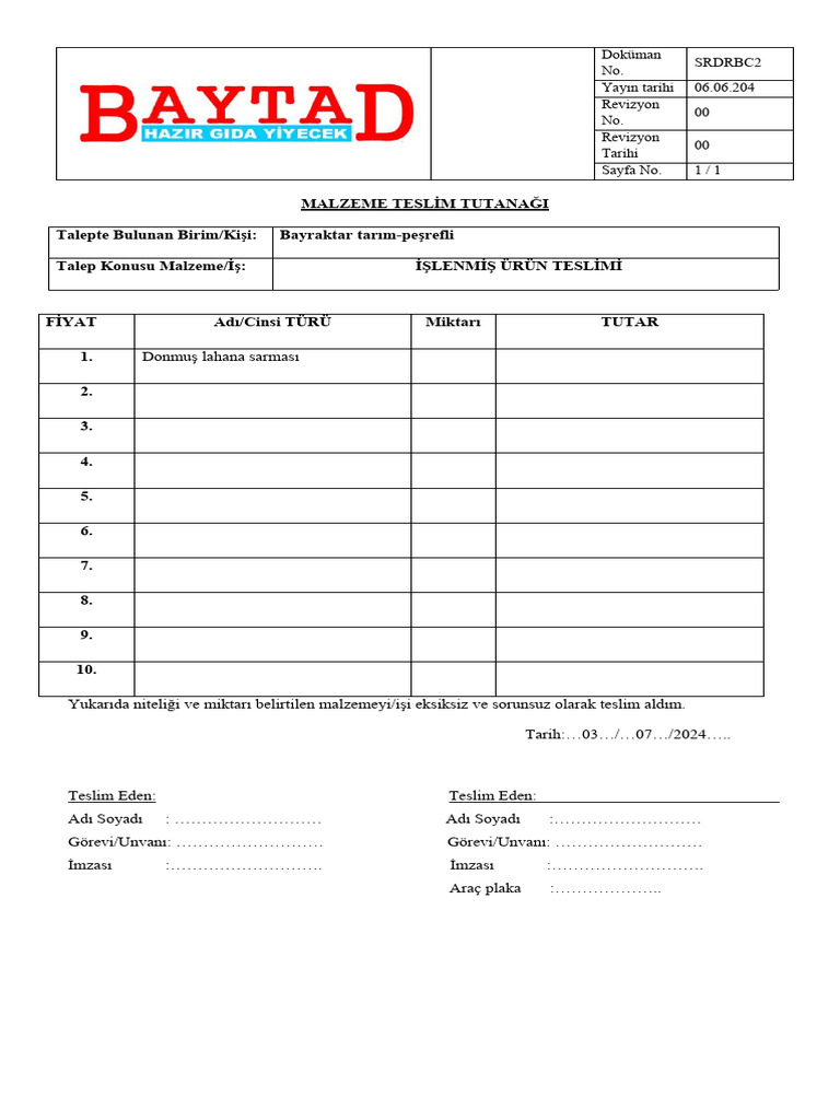 Malzeme Teslim Tutanağı | PDF