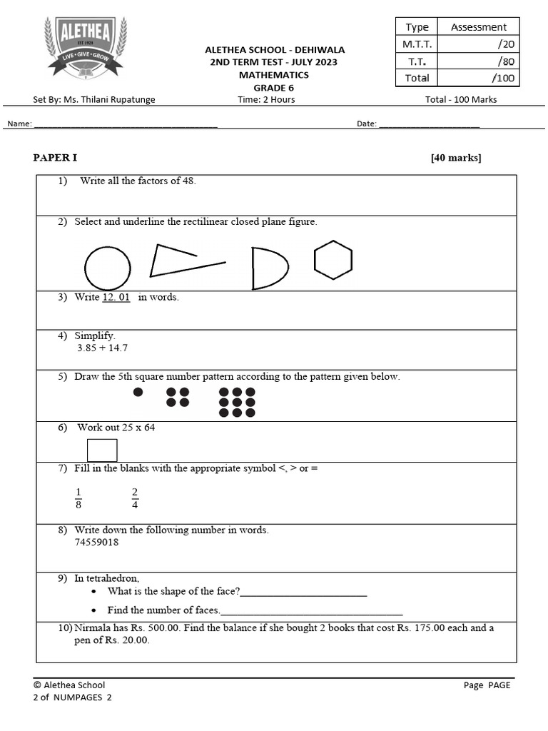 Term Test Grade 6 Maths 2023 | PDF | Shape | Mathematics