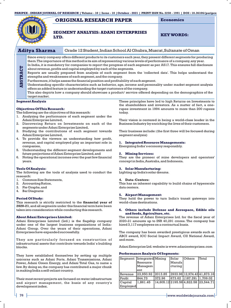 Segment Performance of Adani Enterprises | PDF | Return On Investment ...