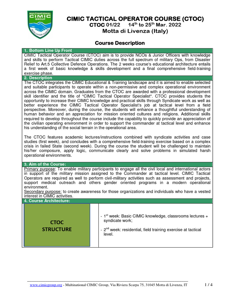 CIMIC - Tactical - Operator - Course - CTOC 01 - 22 | PDF | Knowledge