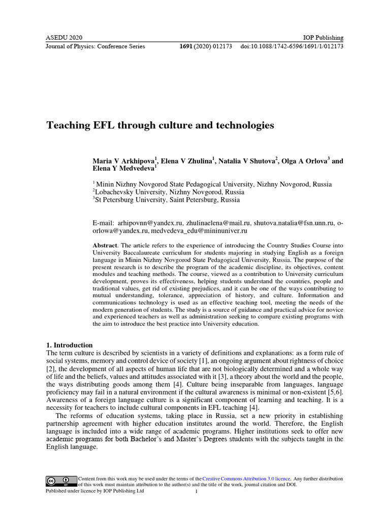 Teaching EFL Through Culture and Technologies | PDF | English As A ...