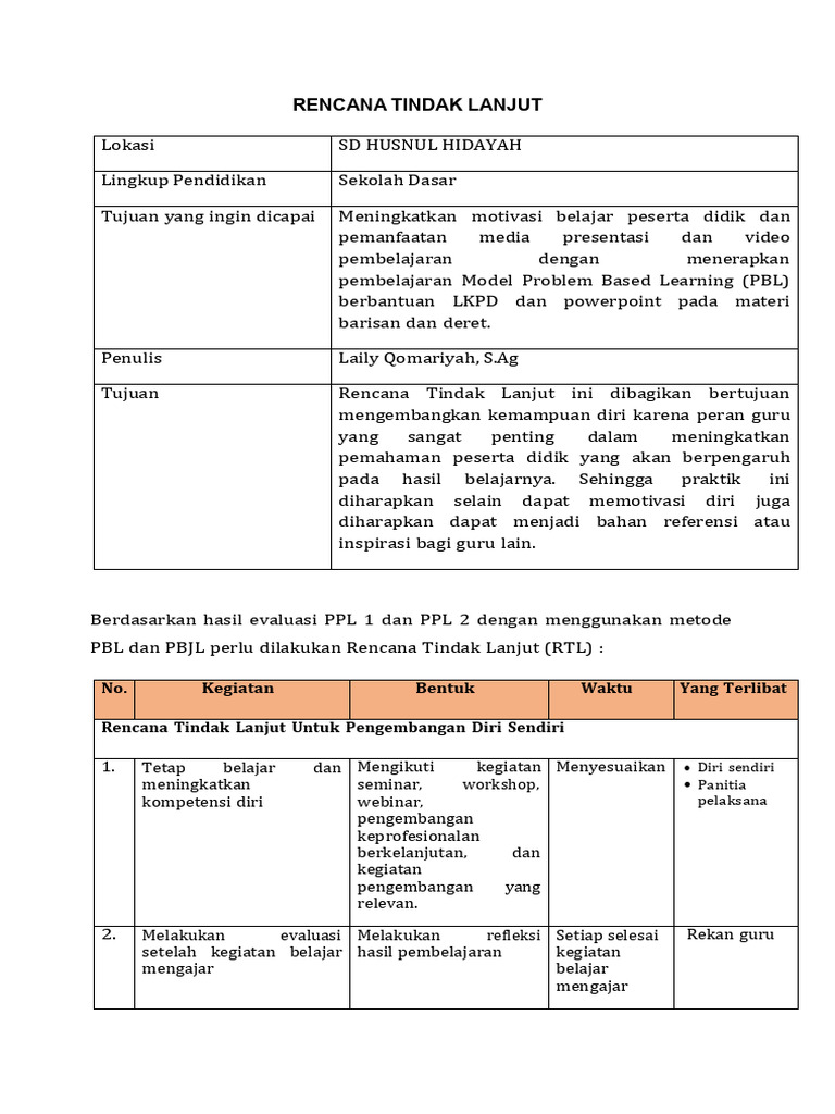 Rencana Tindak Lanjut PBL di SD | PDF | Karier & Perkembangan ...