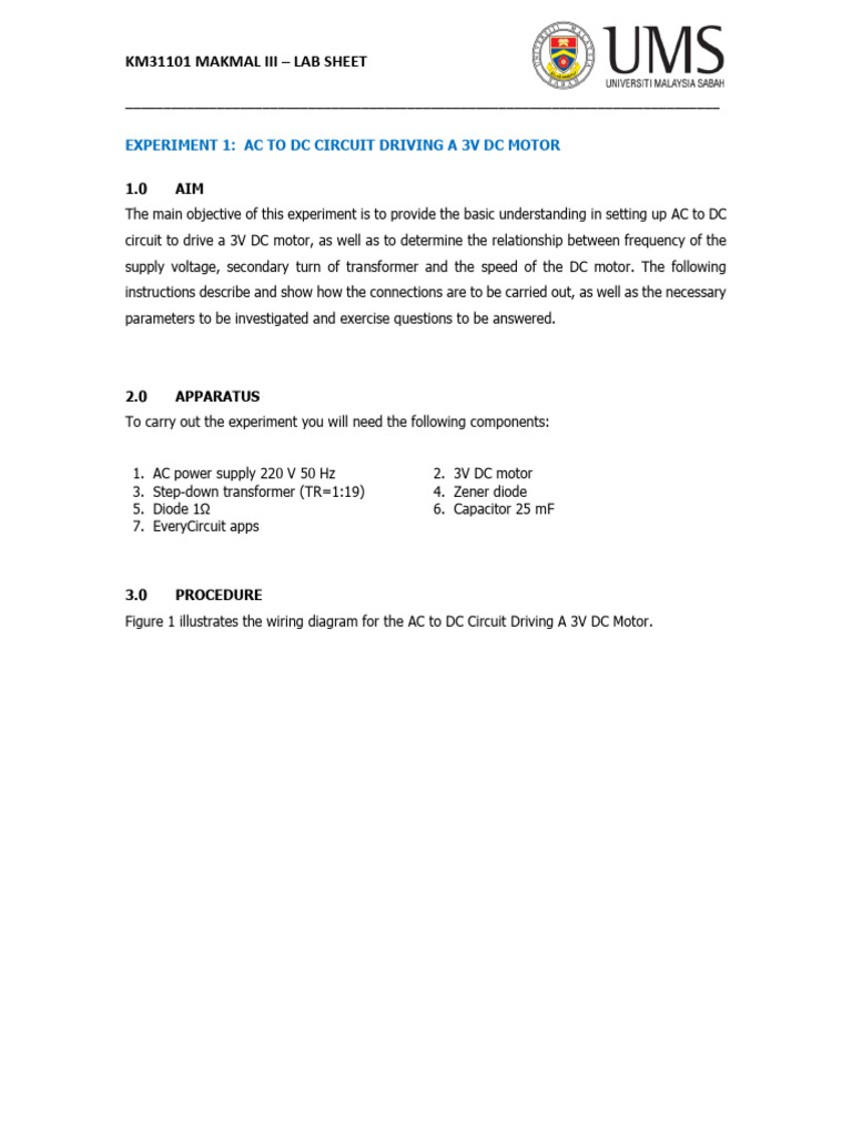KM31101 Lab III - Lab Sheet - Exp. 1 | PDF | Power Supply | Alternating ...