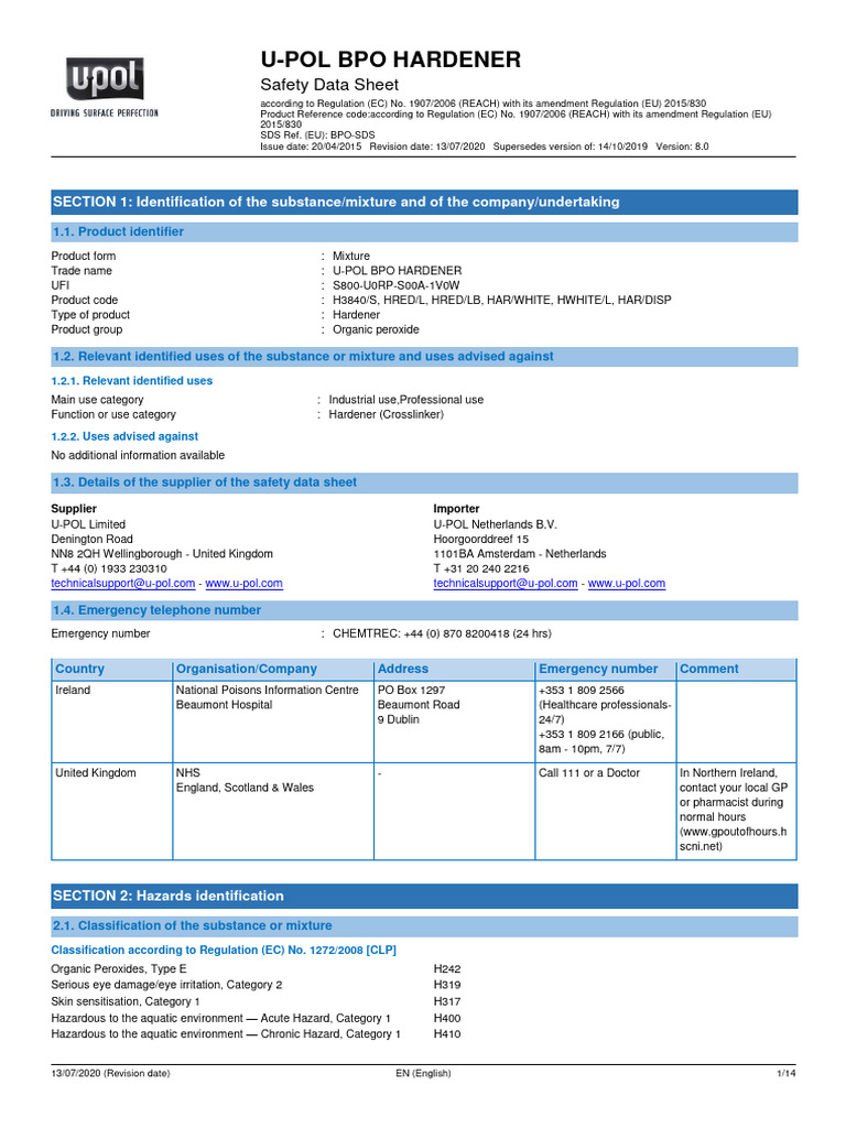 UPOL Hardener | PDF | Dangerous Goods | Personal Protective Equipment
