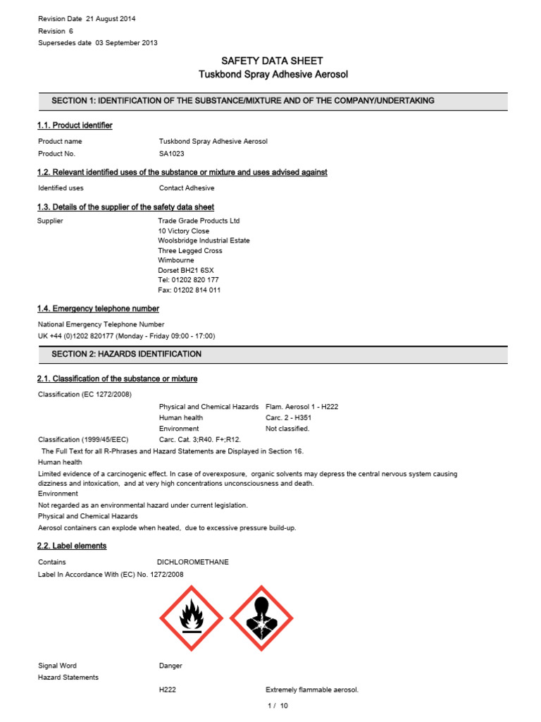Tuskbond Contact Spray Adhesive PDF Dangerous Goods Personal