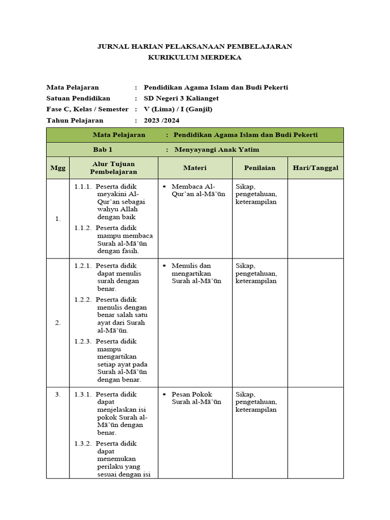 Jurnal Mengajar Harian Kurikulum Merdeka 5 | PDF | Karier ...