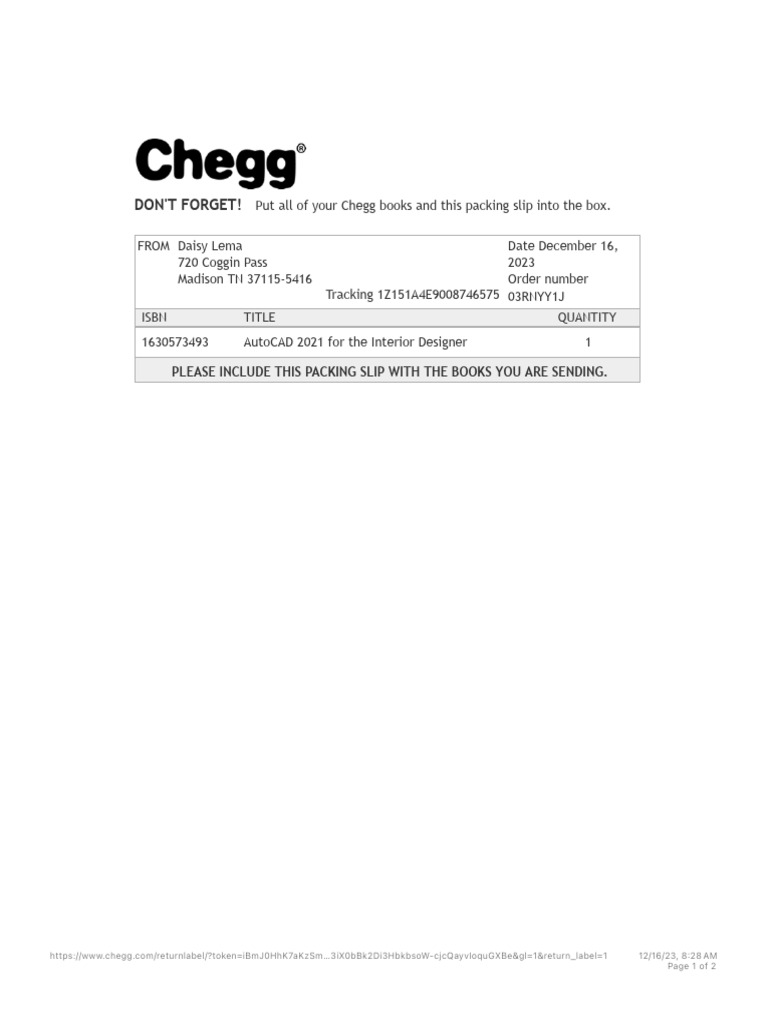 Chegg Packing Slip And Return Label Pdf Receipt Supply Chain