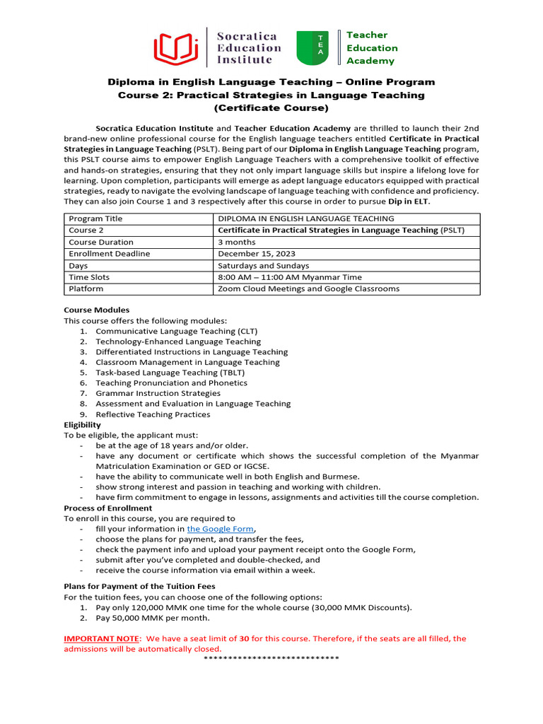 Cert in PSLT - Course 2 - Dip in ELT | PDF | Language Education ...