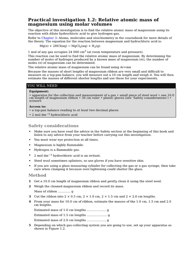 Relative Atomic Mass of Magnesium Experiment | PDF | Mole (Unit) | Gases