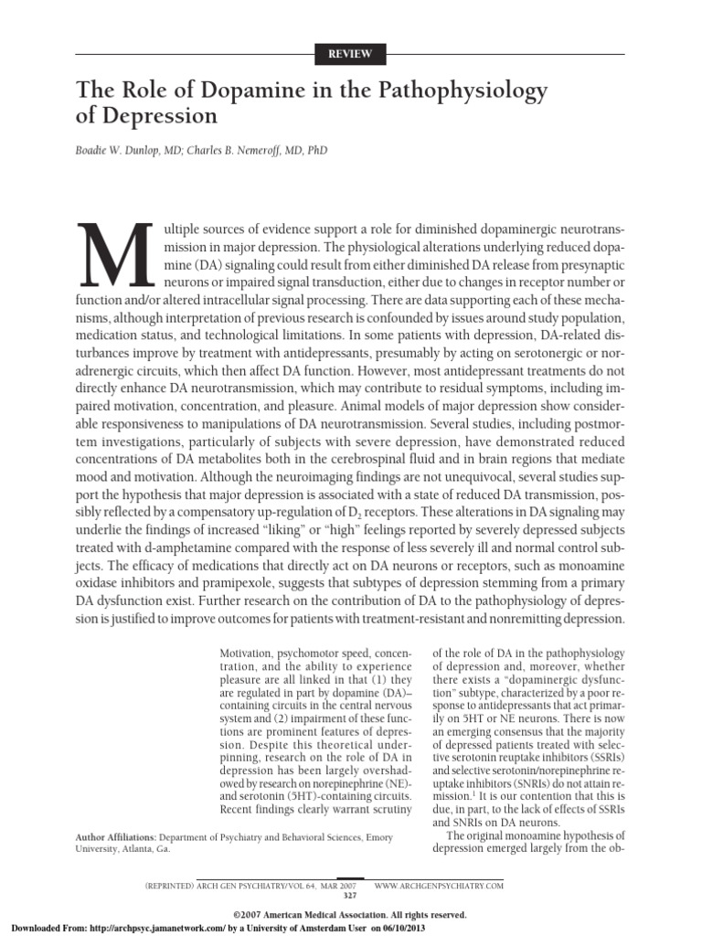 The Role of Dopamine in The Pathophysiology of Depression: Boadie W ...