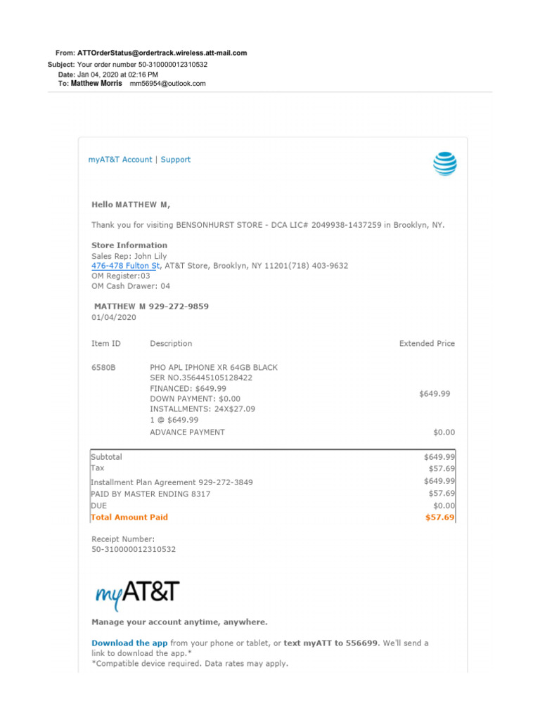 AT&T Order Confirmation for iPhone XR | PDF | At&T | Apple Inc.